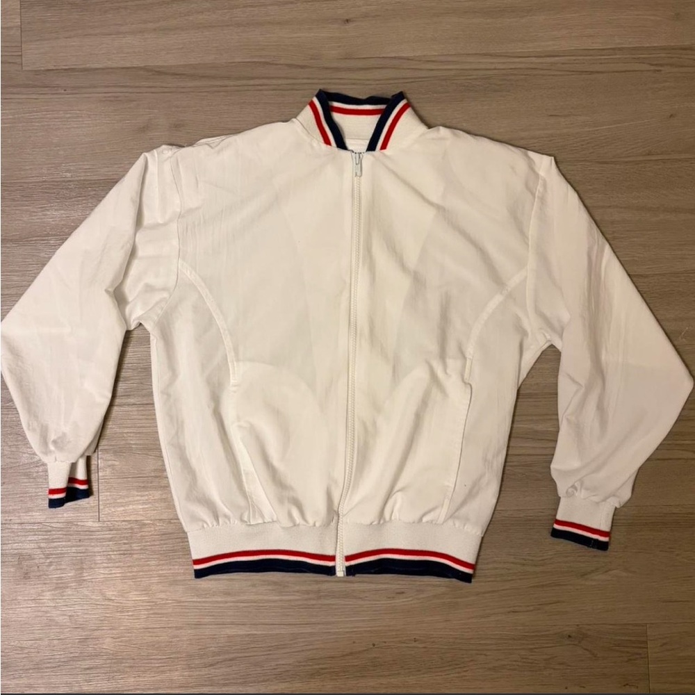 Vintage White Men's Track Jacket with Red & Navy Trim